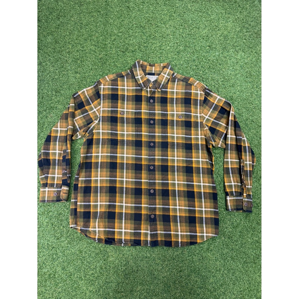 Duluth Trading Co Mens Large Relaxed Fit Plaid Flannel Shirt Yellow Green Cotton